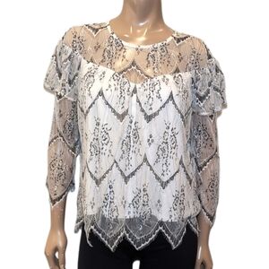 💠HIGHLINE COLLECTIVE Gothic Lace Blouse Sheer Illusion Tiered Ruffled Vamp Mesh